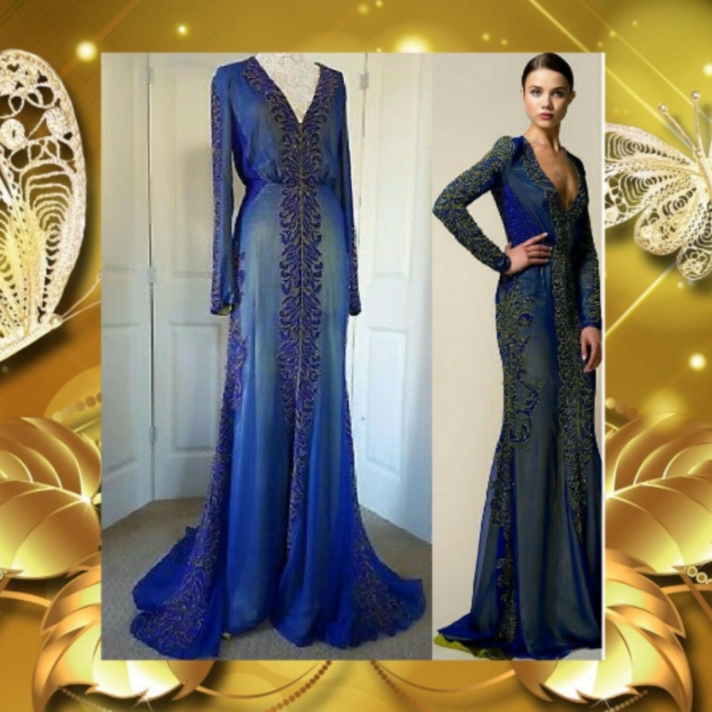 #$8245 NWOT New Bibhu Mohapatra Blue Golden Beaded Silk Dress Gown Us XS